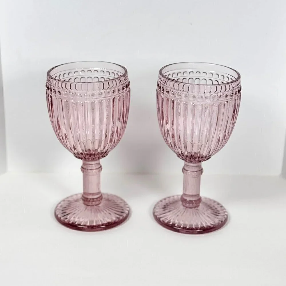 Rosanna Wine Glasses Set of 2 8 OZ Pink Thick Glass Fancy French Country Boho